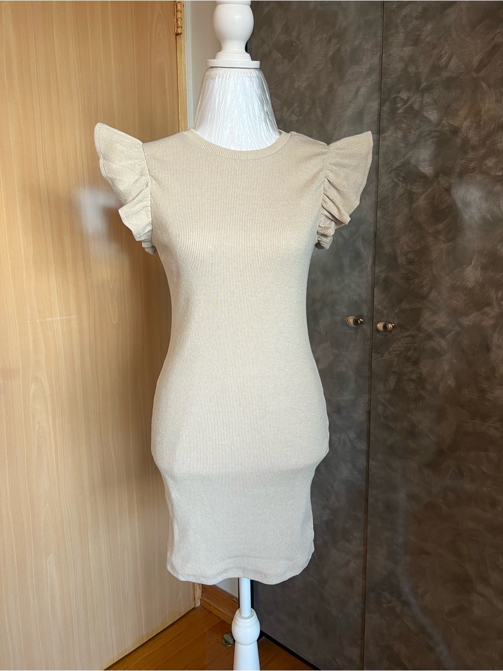Ribbed Cream Flutter Sleeve Bodycon Dress